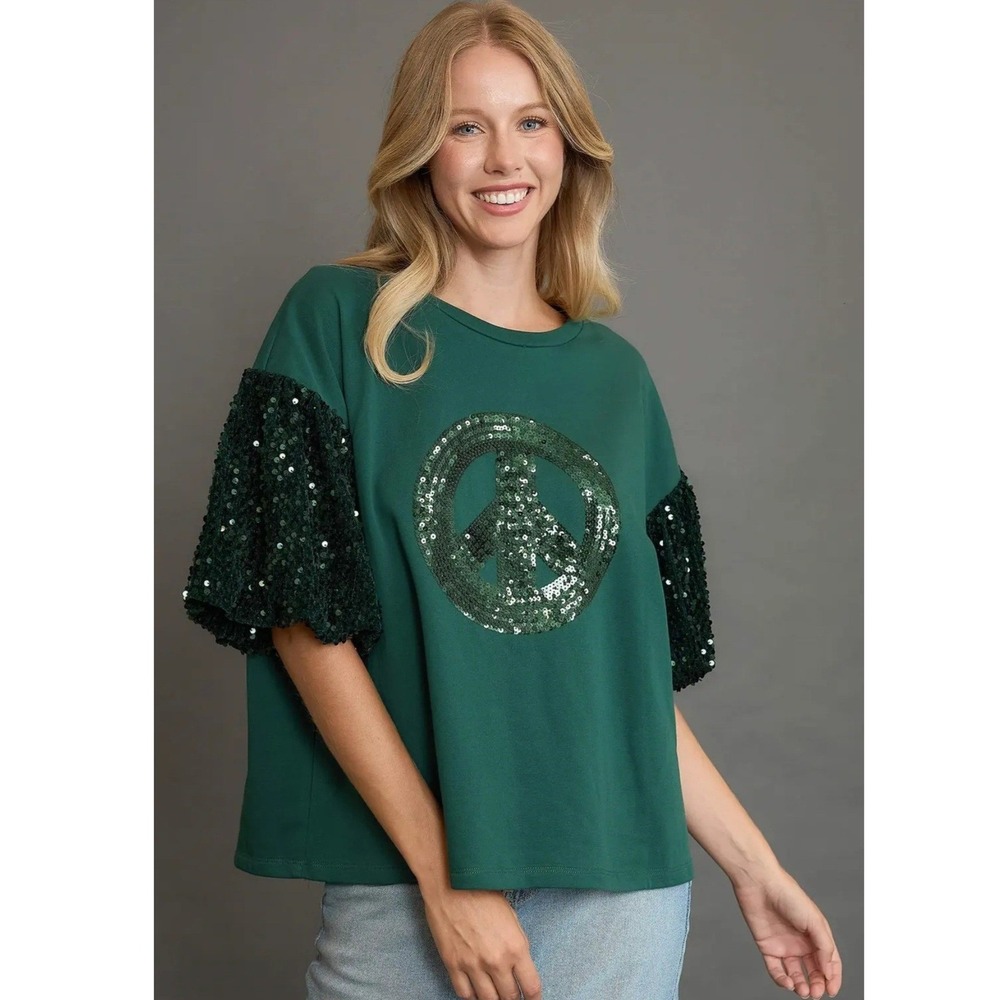 Umgee Green Peace Sign Sequin‎ Sleeve T Shirt Top Women's
